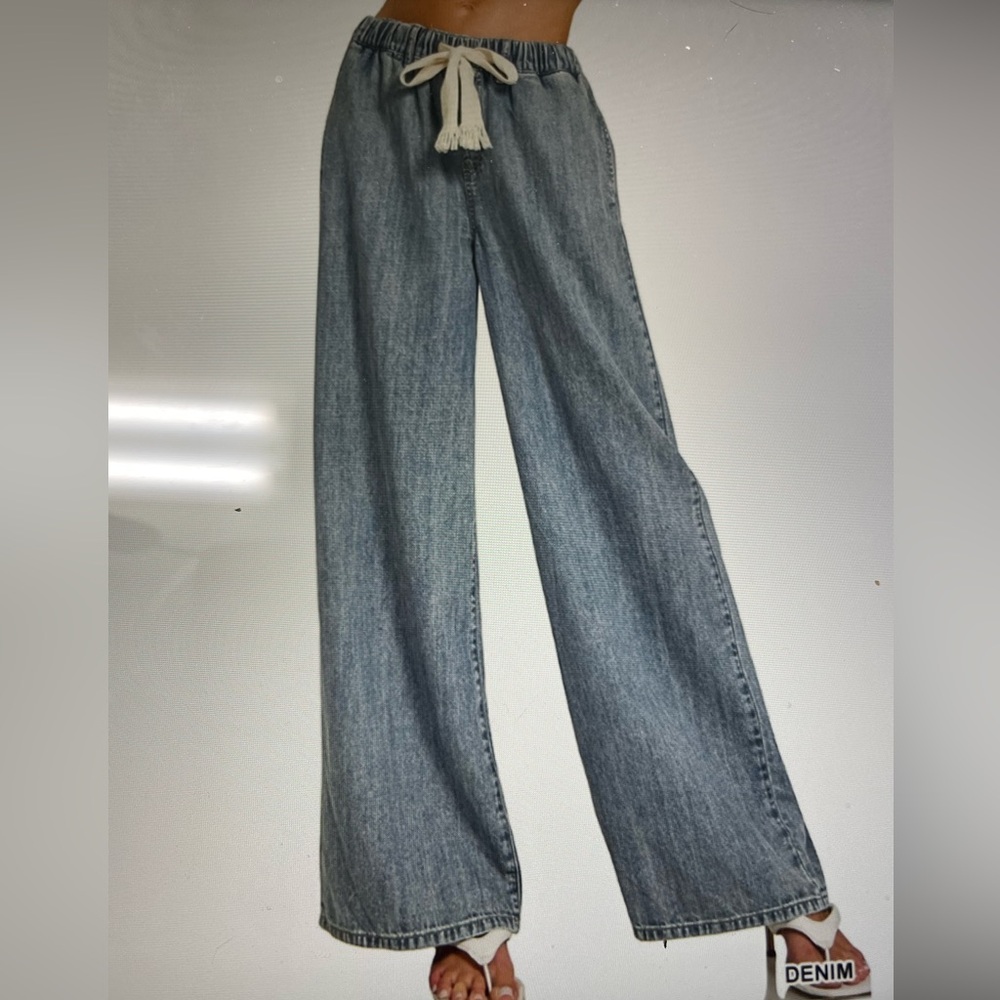 Zenana wide leg drawstring elastic waistband denim pants